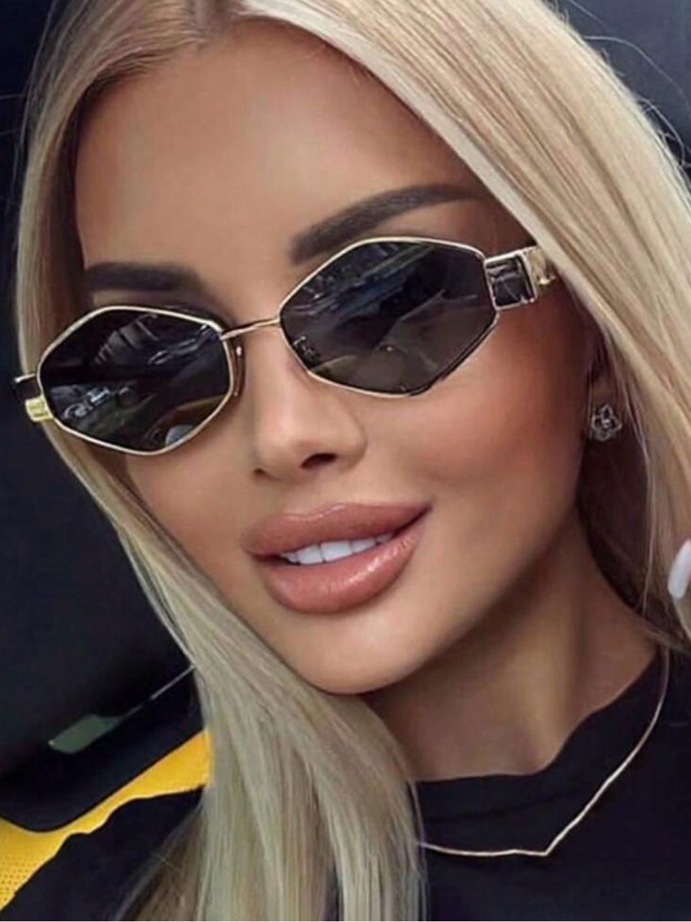 Gold Frame Black Lens Hexagonal Women’s Sunglasses